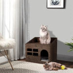 Wooden Cat Cave Bed Furniture Kitten Sleep Lounge House Bed with Cushion Pad Litter Box for Indoor Cats - Image 2